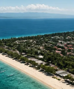 Palm-lined island beach and turquoise shallows from above