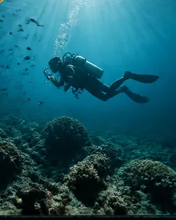 A diver gliding above a coral reef in shafts of sunlight