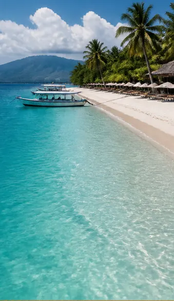 White sand and clear shallows under palms